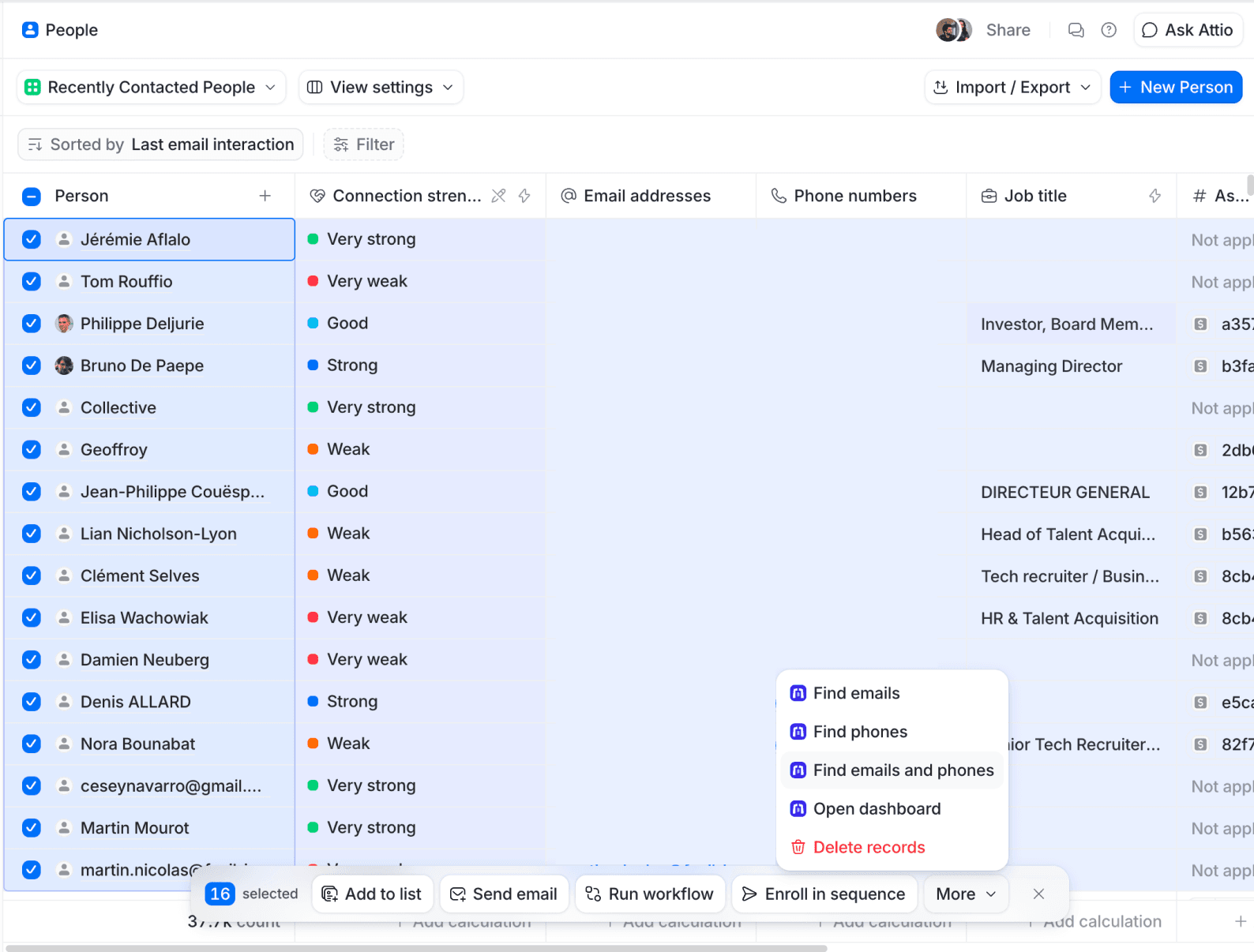 Selecting multiple contacts and choosing a bulk enrichment action in Attio CRM