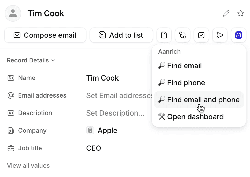 The Aanrich actions menu open on a Person record in Attio, showing Find email, Find phone, and Find email and phone